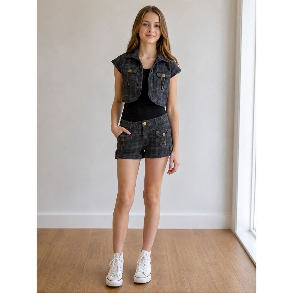 Vert + Rage Kids Plaid Vest & Shorts Set Girls Size L Gray Two Piece Outfit Note